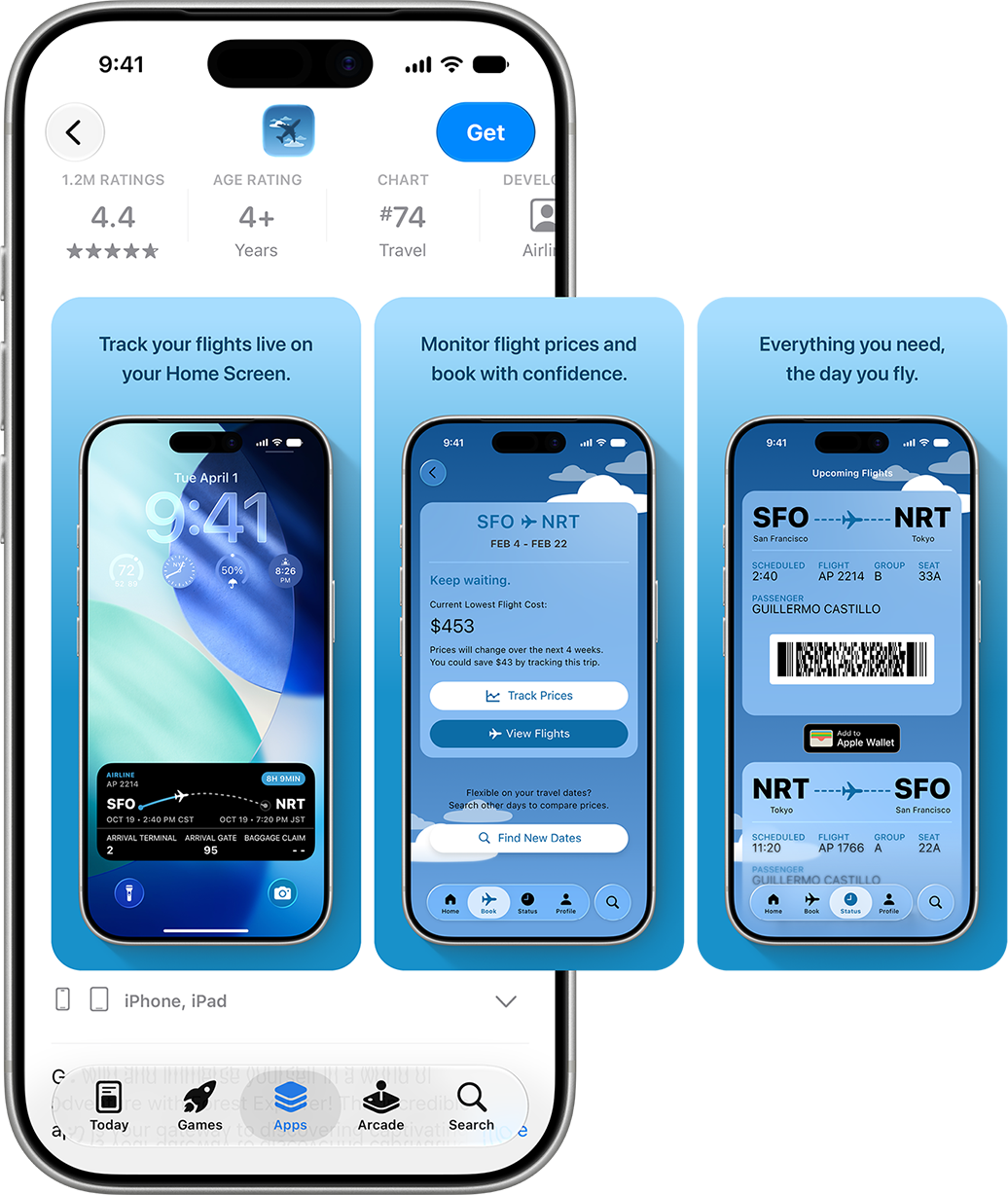 三台 iPhone 的屏幕显示了“Airline”App 预览的截屏，分别对应航班跟踪、价格监控、登机牌详情功能。