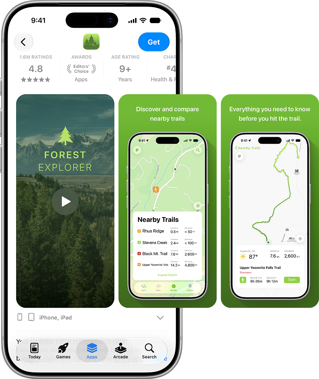 三台 iPhone 的屏幕分别显示了“Forest Explorer”App 预览视频以及附近路线和路线详情的截屏。