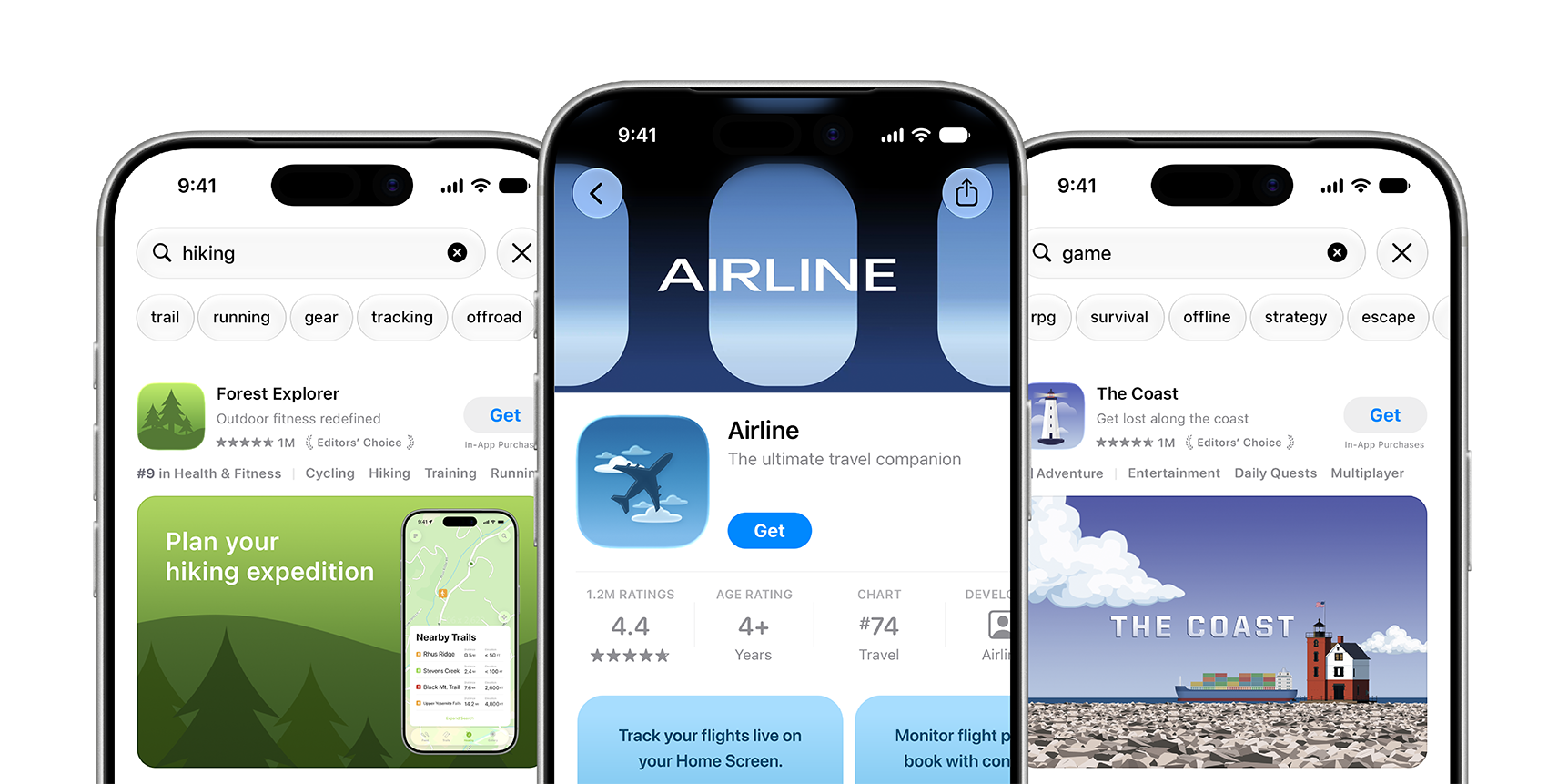 三台 iPhone 的屏幕分别显示了“Forest Explorer”、“Airline”和“The Coast”App 的 App Store 产品页面和搜索结果。