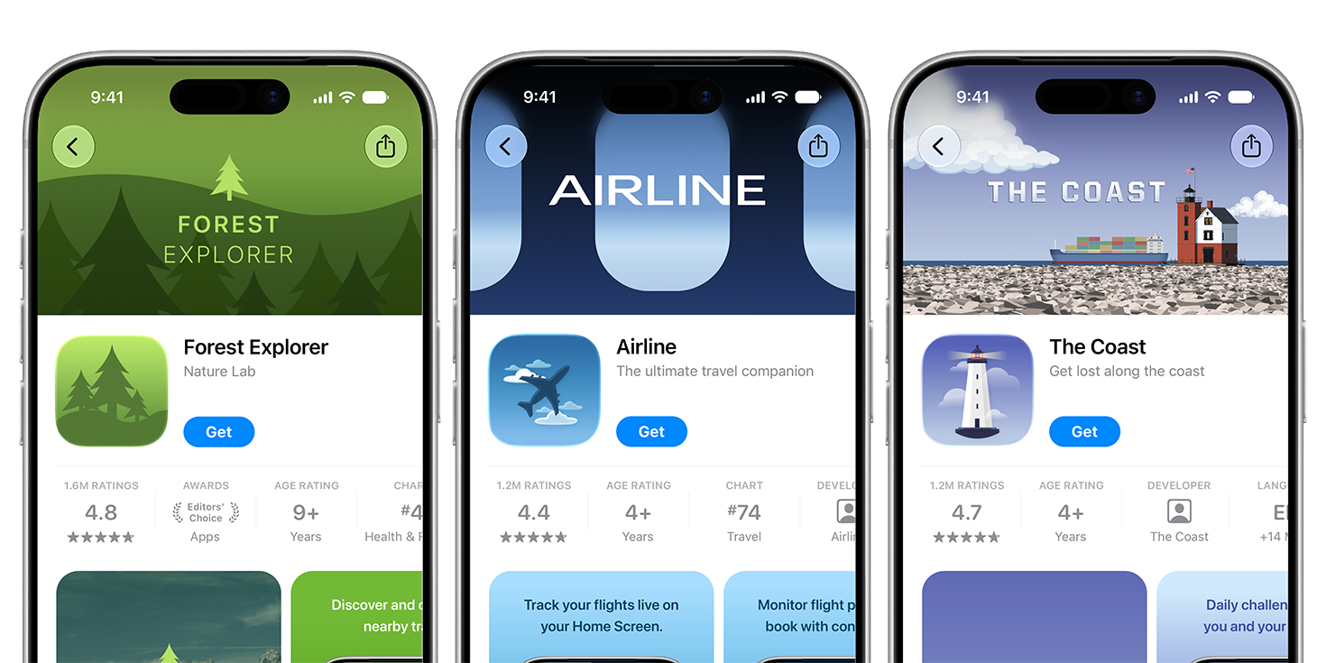 三台 iPhone 的屏幕分别显示了“Forest Explorer”、“Airline”和“The Coast”App 的 App Store 产品页面顶部横幅。