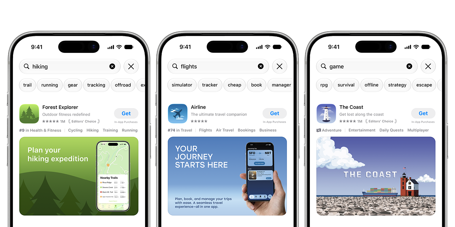 三台 iPhone 的屏幕分别通过搜索结果创意素材资源展示了“Forest Explorer”、“Airline”和“The Coast”App 的 App Store 搜索结果。