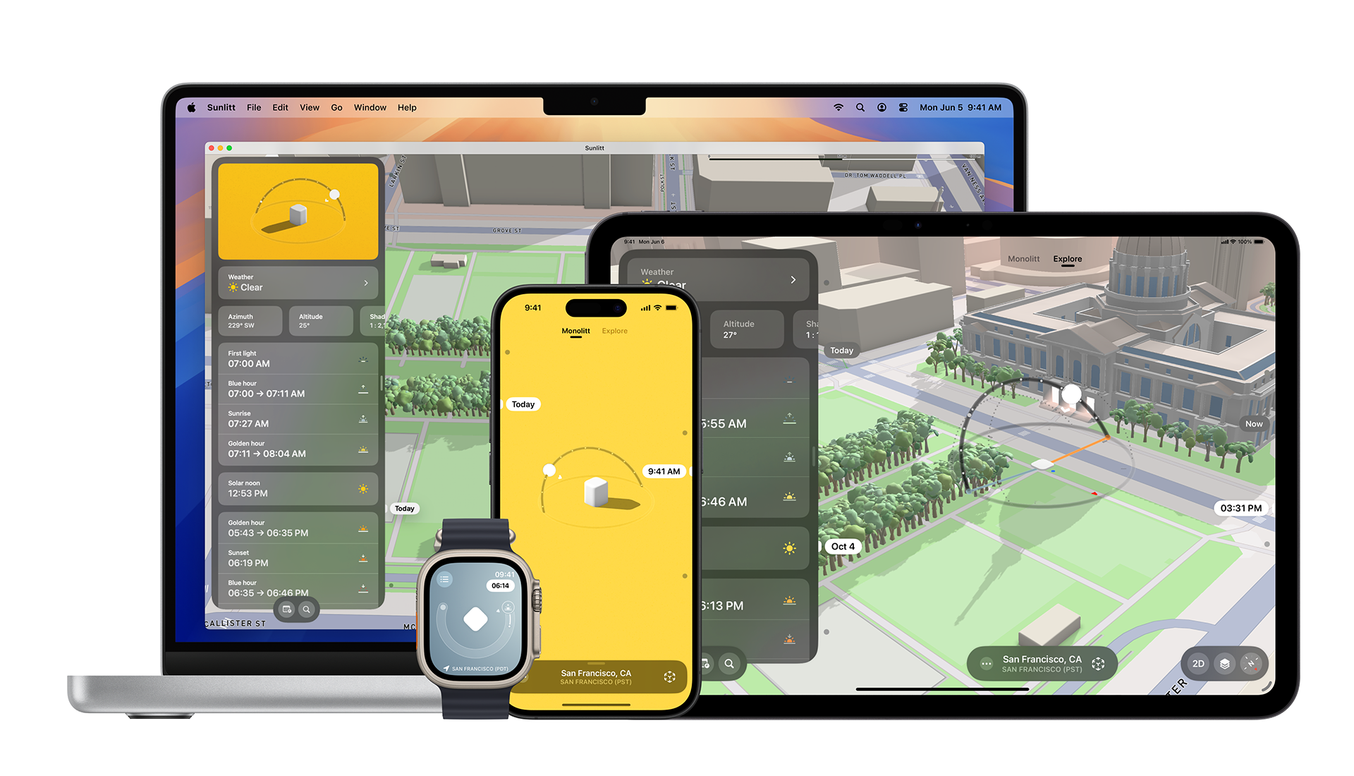 アプリ「Sunlitt」のiPhone、iPad、Mac、Apple Watchでのスクリーンショットを組み合わせたコラージュ。各画面に表示されたグラフィックには、人物の位置を表す小さな白い立方体と、その位置に基づいた太陽の経路が表示されている。