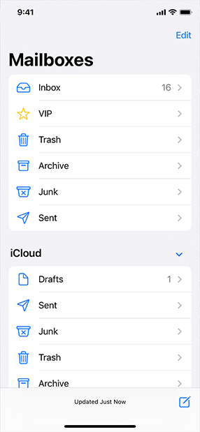A screenshot of the Mail app on iPhone, showing mailboxes listed in two groups of rows. The lower group extends below the toolbar at the bottom of the screen. The toolbar’s background is a lighter gray than the list background and the top horizontal edge of the toolbar uses a visible gray outline that’s visible against the bottom row.