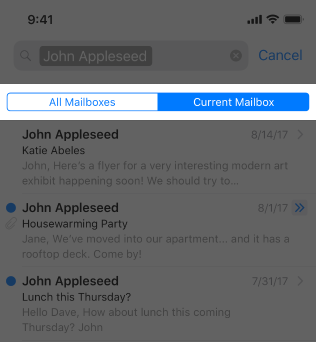 A partial screenshot of Mail on iPhone, highlighted to show a scope bar displaying the label All Mailboxes on the left and the label Current Mailbox on the right.