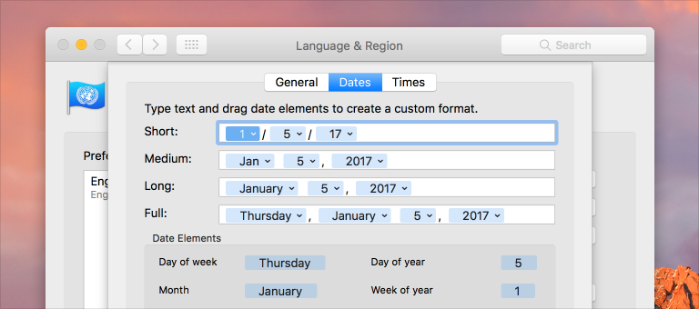 A partial screenshot of a Settings pane in which each date-related item, such as a month or day name, is represented by a blue token.