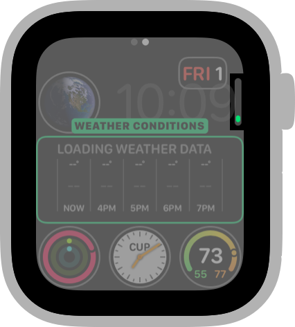 A screenshot of the Infograph Modular watch face in customization mode. The graphic rectangular large-image complication is selected and weather conditions is the current choice. The scroll indicator in the top-right side of the screen shows that there are several other complications available for this slot.
