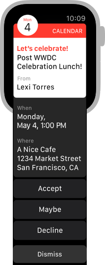 A screenshot of a Calendar notification for an invitation from Lexi Torres for an event called Let's Celebrate! The screenshot extends below the device frame to display the event's date and location, in addition to Accept, Maybe, Decline, and Dismiss buttons.