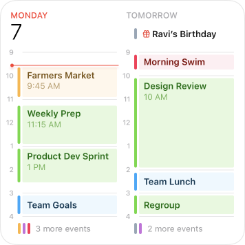 An image of the large Calendar widget, which has the same width as the medium widget, but a little more than twice the height. Like the medium widget, the large widget displays information about today on the left and information about tomorrow on the right. From the top, the widget displays an expanded view of the medium widget’s information, showing more events occurring today and tomorrow. Today’s additional events are Product Dev Sprint and Team Goals, followed by the phrase 3 more events. Tomorrow’s additional events are Design Review, Team Lunch, and Regroup, followed by the phrase 2 more events.