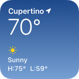 An image of a small Weather widget showing current conditions for Cupertino. In text, the widget displays a temperature of 70 degrees, the condition Sunny, and forecast high and low temperatures of 75 degrees and 59 degrees, respectively. The widget also displays a yellow sun symbol above the word Sunny and the filled-in location indicator to the right of the word Cupertino.