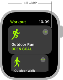 A screenshot of the Workout app’s main list of workouts. A callout indicates that the currently focused workout item spans the full width of the available screen area.