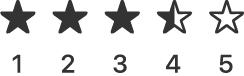 A horizontal row of five stars. From the left, the first three and a half stars are filled. Below the stars is a row of Western Arabic numerals, each numeral horizontally aligned with a star above. From the left, the numerals are one, two, three, four, and five.