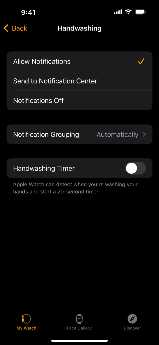 A screenshot showing the Handwashing Timer description, which reads: Apple Watch can detect when you're washing your hands and start a 20-second timer.