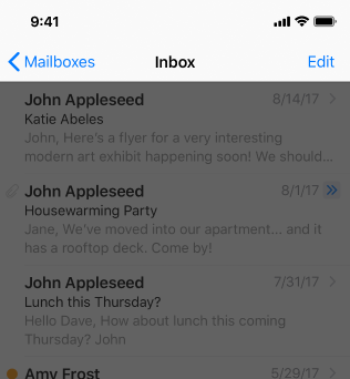 A partial screenshot of the Mail Inbox, highlighted to emphasize the navigation bar. The Inbox view has been scrolled up so that the navigation bar uses the standard title.