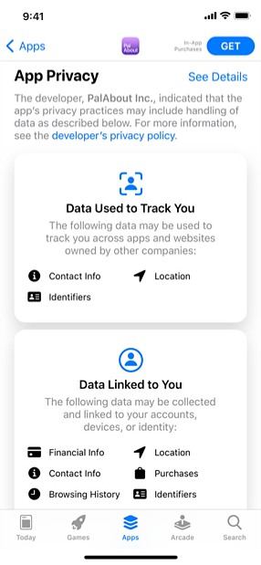 Screenshot of the App Privacy screen in an app’s App Store product page. The top card in the screen is titled ’Data Used to Track You’ and lists contact info, location, and identifiers. The bottom card is titled ’Data Linked to You’ and lists financial and contact info, location, purchases, identifiers, and browsing history.