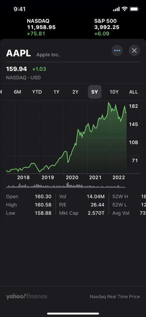 A screenshot of the Stocks app on iPhone. The app uses a line chart to depict the performance of a stock over the currently chosen 5 year period.