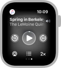 Screenshot of the rightmost Workout screen, which shows the currently playing music. The title of the song is Spring in Berkeley and the artist is The LeMoine Quintet. Below the song and artist names, the screen shows playback controls.