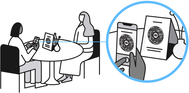 An illustration that shows how a person uses an App Clip Code on a table at a coffee shop.