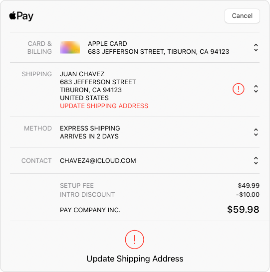 Screenshot of a webpage payment sheet that shows the text Update Shipping Address and an exclamation mark inside a circle to indicate an error.