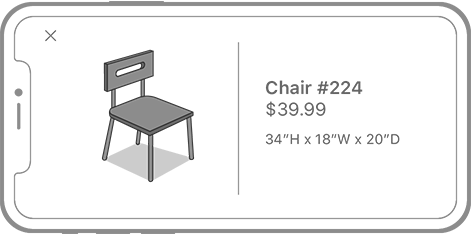 An iPhone screen in landscape showing a full screen view with the detailed information for a chair. On the left side of the screen is an image of the chair, in the middle is a vertical separator line, and on the right is the model number, price, and size of the chair.