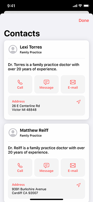 Screenshot of a care app screen that shows contact information for two doctors, including buttons for phone, message, email, and map directions.