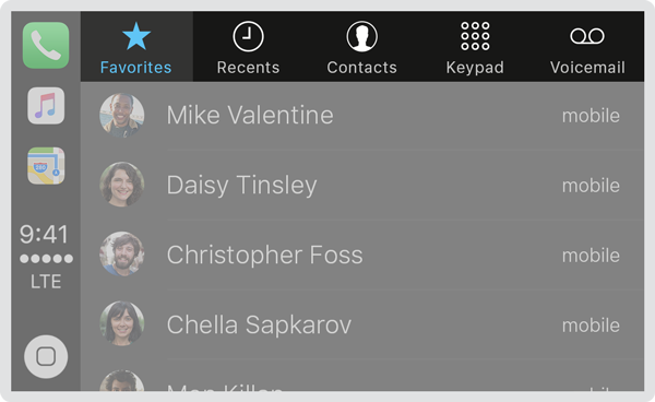 Screenshot of the Phone app in CarPlay with a list of Favorites displayed.