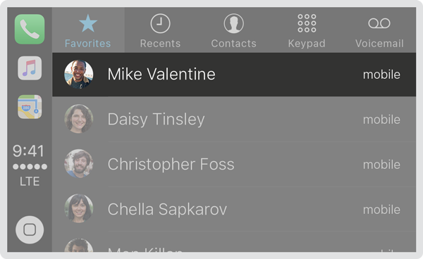 Screenshot of the Phone app in CarPlay showing a list of favorite contacts in a table view. One row of the table, which contains an image on the left, a left-aligned title in the middle, and a right-aligned subtitle on the right, is highlighted.