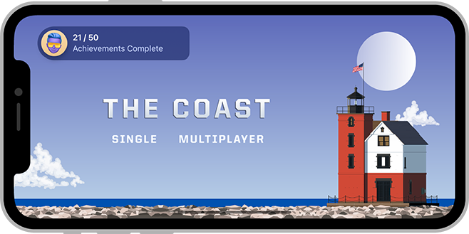 Screenshot of the main menu screen of the game called The Coast, shown in landscape on iPhone. The menu screen shows the expanded access point in the upper-left corner, the title in the middle of the screen, and the words Single and Multiplayer below the title. The access point shows a player avatar and includes the text twenty-one out of fifty achievements complete.