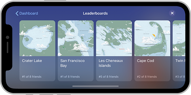 Screenshot of the Game Center dashboard on iPhone for a game called The Coast. The dashboard displays the leaderboards area, which shows four leaderboards and one partial leaderboard. Each leaderboard is displayed in a rounded-rectangular card that includes an image in the top half and text in the bottom half. In each card, the text provides the leaderboard title and describes the player’s standing in that competition.