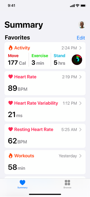 Screenshot of the Health app's summary screen, showing current data for activity rings, heart rate, and workouts.