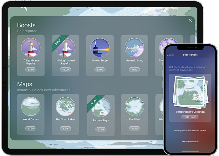 A screenshot of The Coast game’s in-app purchase store on iPad, featuring a row of five boosts that include lighthouse repairs and a power surge, and in-game maps with names like World Canals, The Great Lakes, and Famous Bays. A screenshot of the app's subscriptions page on iPhone is in front of the iPad and on the right. The subscription, titled Cartographer's Collection, provides access to all of the maps in the game for $2.99 per month.