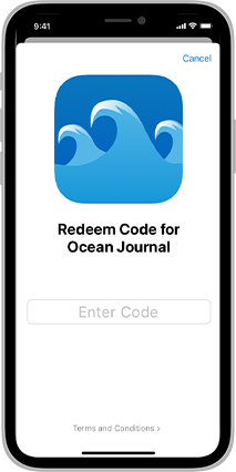 Screenshot of first system-provided code redemption screen for the Ocean Journal on iPhone. The top of the screen contains a large icon that shows purplish blue waves against a blue background. Below the icon is the label Redeem Code for Ocean Journal, and below the label is a text field containing placeholder text that says Enter Code. At the bottom of the screen is a tappable link labeled Terms and Conditions.