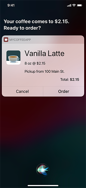 Screenshot of the Order Coffee shortcut’s confirm screen, which displays the chosen order and its price, and asks the customer if they’re ready to complete the order.