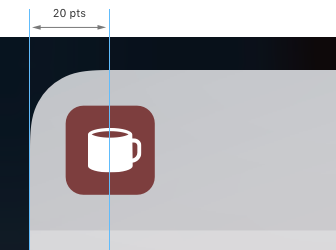 Diagram of the upper left corner of a custom interface. A vertical line runs through the center of the app icon, which is twenty points from the left edge of the interface.