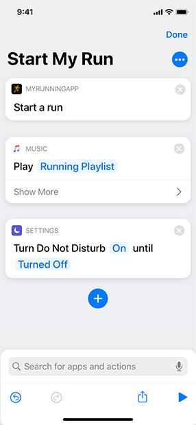 Screenshot of a multistep shortcut called Start My Run being edited in the Shortcuts editor. The shortcut includes three actions: Start a run, Play Running Playlist, and Turn Do Not Disturb On until Turned Off.