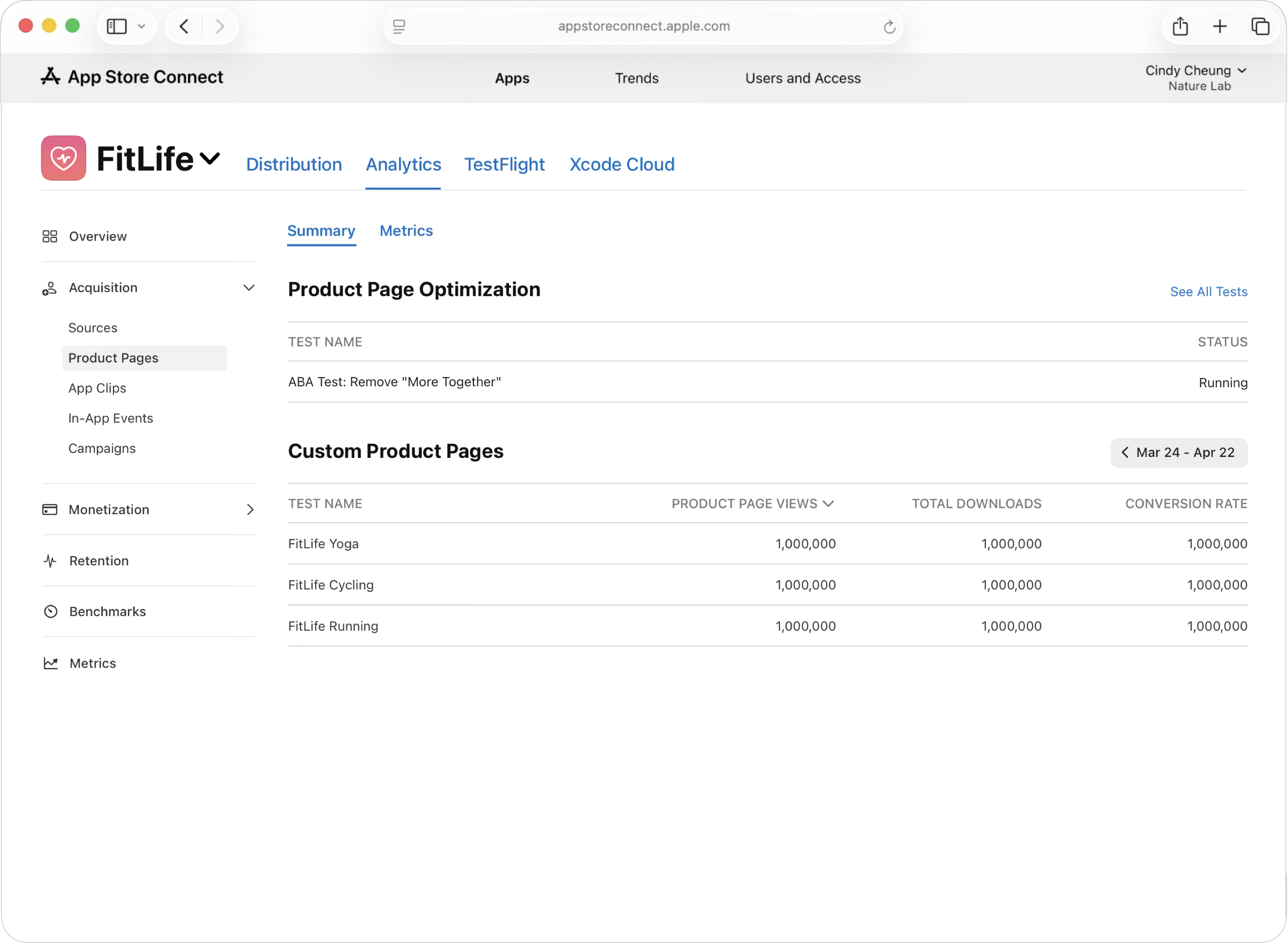 「プロダクトページの最適化」ダッシュボード。最新のテストが表示されている