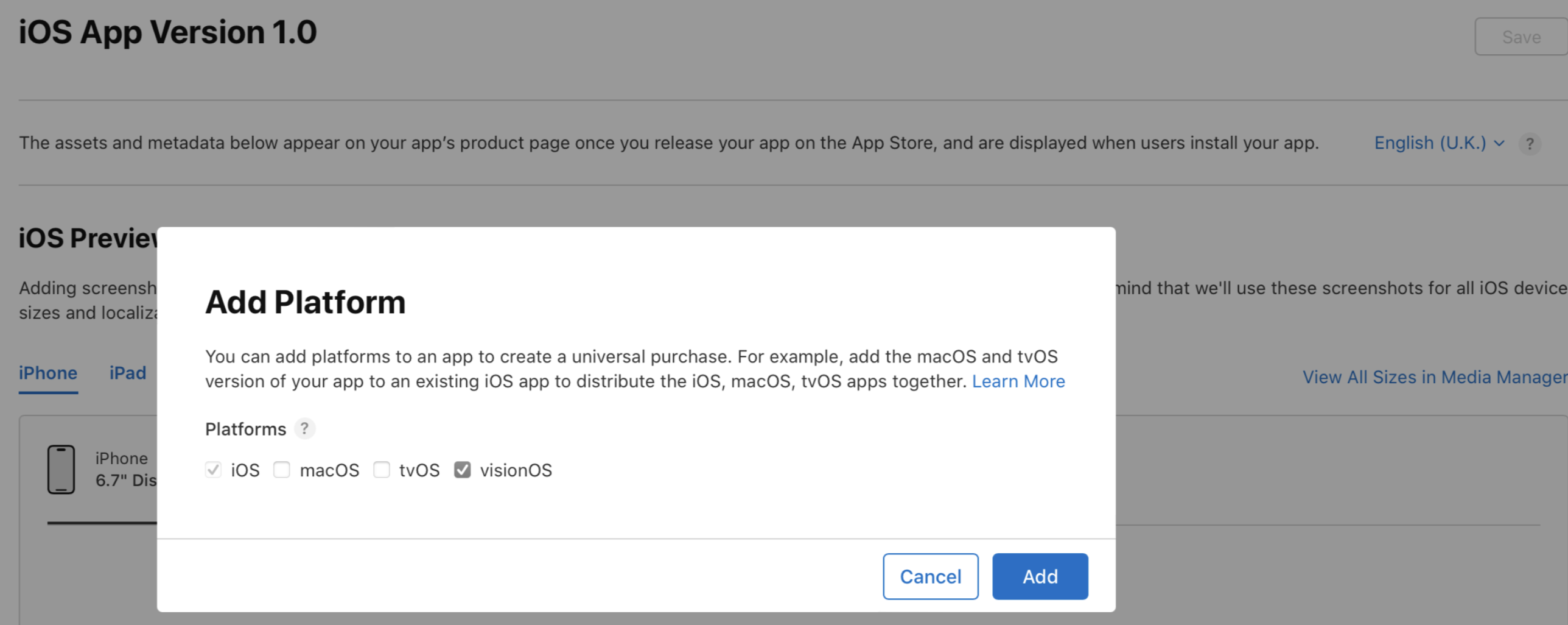 Add platform dialog on the app detail page lists iOS, macOS, tvOS, and visionOS platform, which you can select for your app. The "Cancel" and "Add" buttons are at the bottom of the dialog.