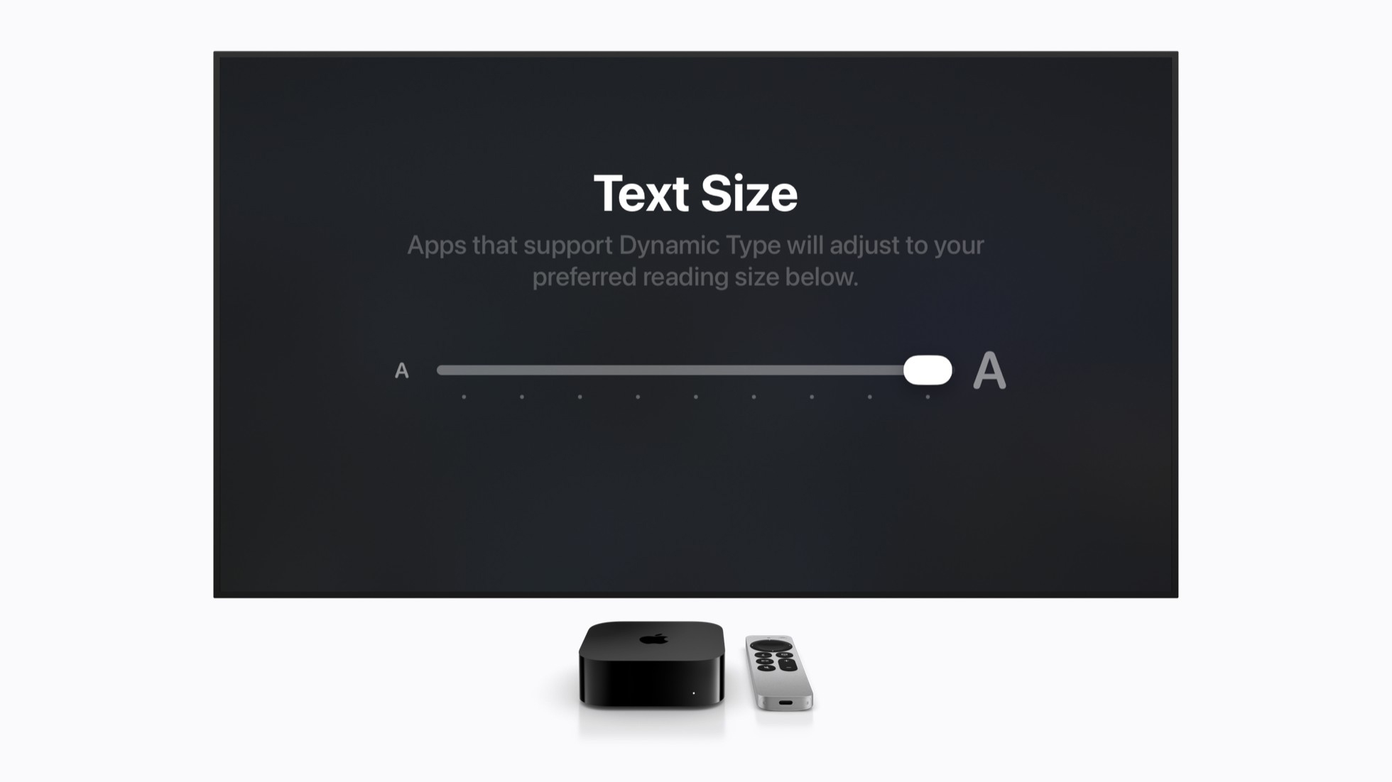 Apple TV showing the Larger Text size adjustment control overlay.