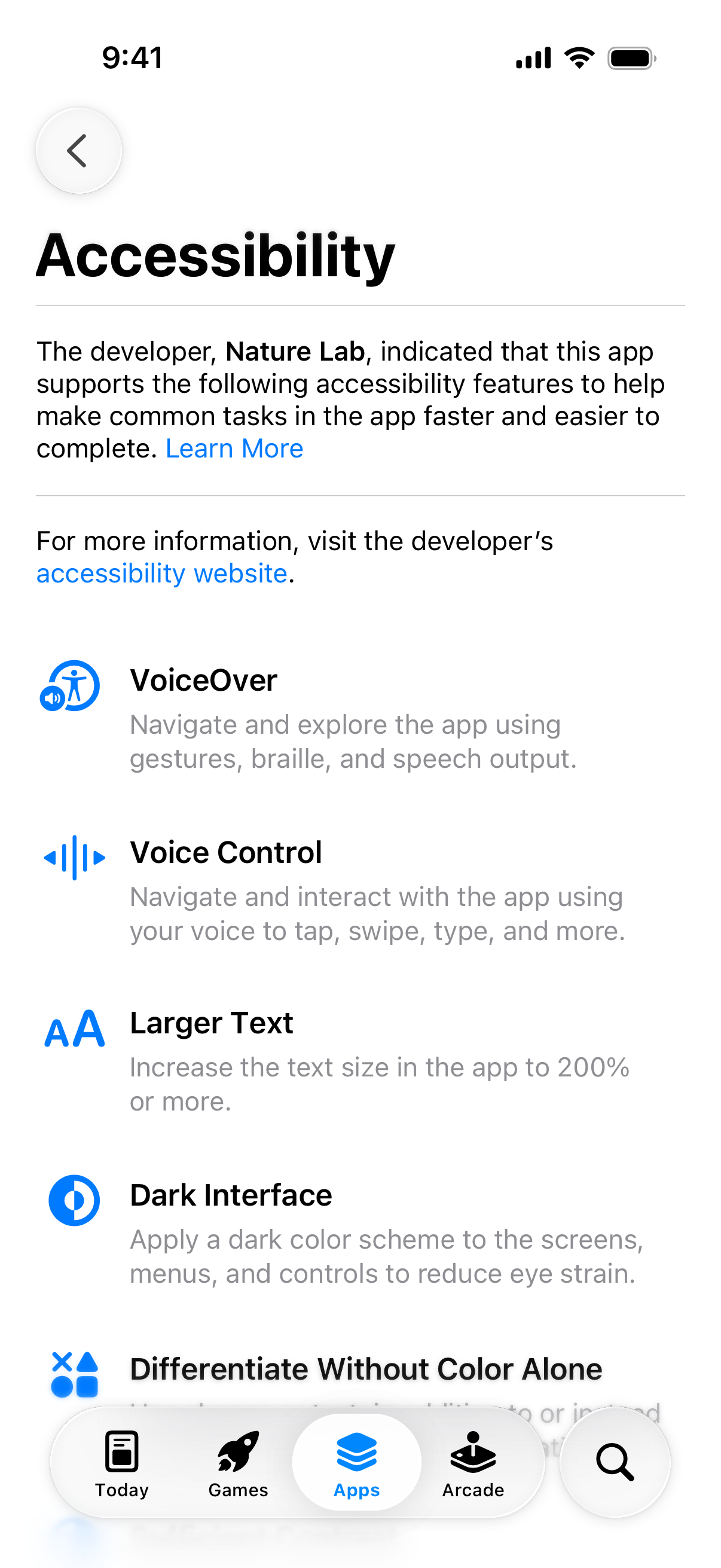 Screenshot of the Accessibility details page for an app in the App Store, listing its supported accessibility features.