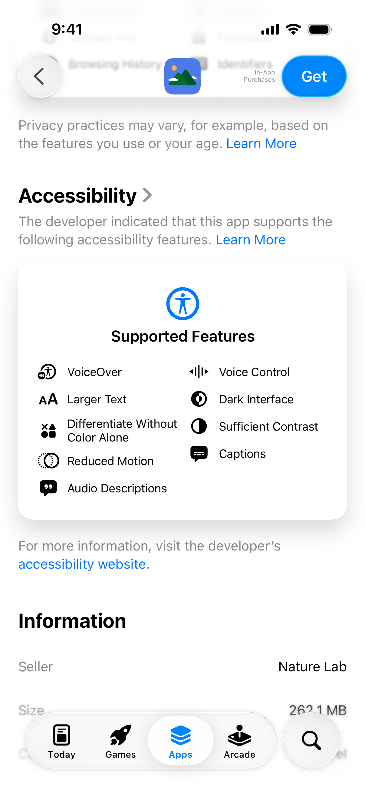 Screenshot of the Accessibility section of an app's detail page in the App Store, which lists supported accessibility features.