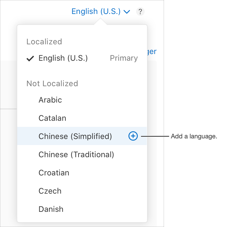 The language menu on the app platform detail page shows a highlighted language with a ‘+' button displayed next to its name.