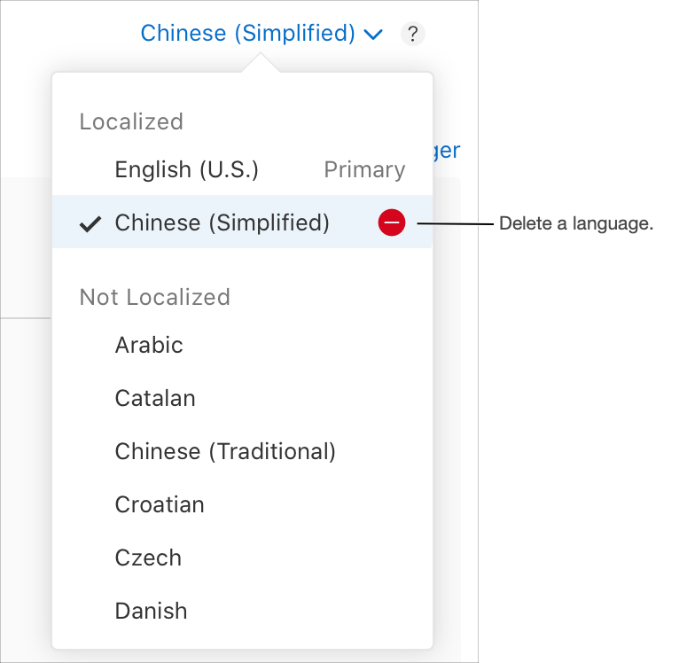 The language menu on the app platform detail page shows a highlighted language with a ‘-' button displayed next to its name.