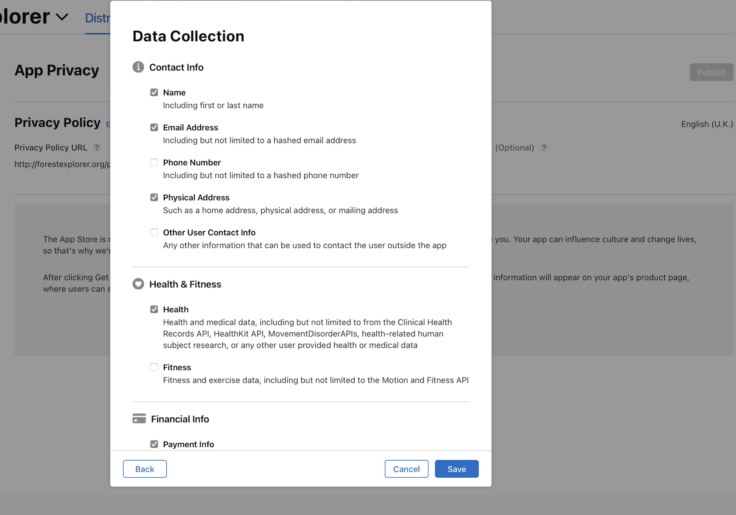 Data Collection dialog on the App Privacy page.