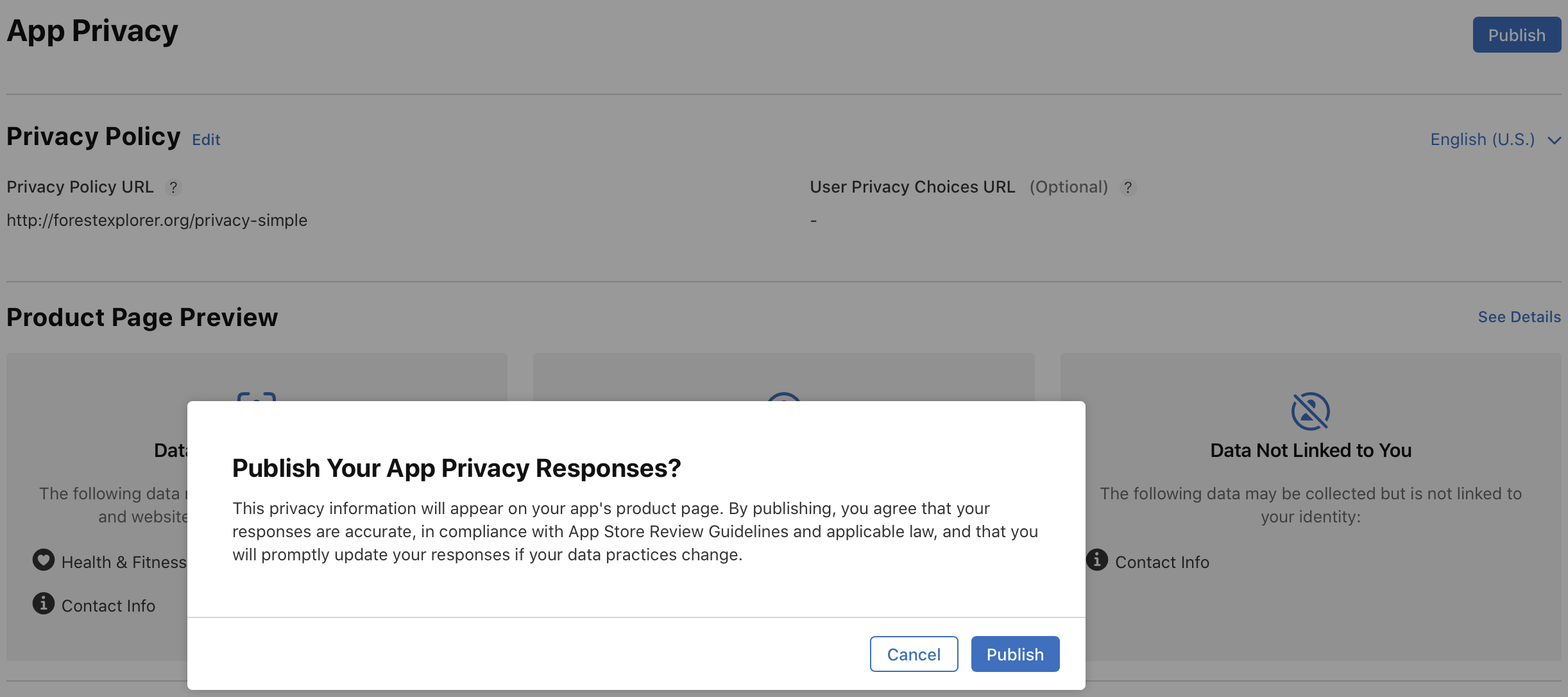 The 'Publish Your App Privacy Responses?' dialog on the App Privacy page displays "Cancel" and "Publish" buttons at the bottom-right.