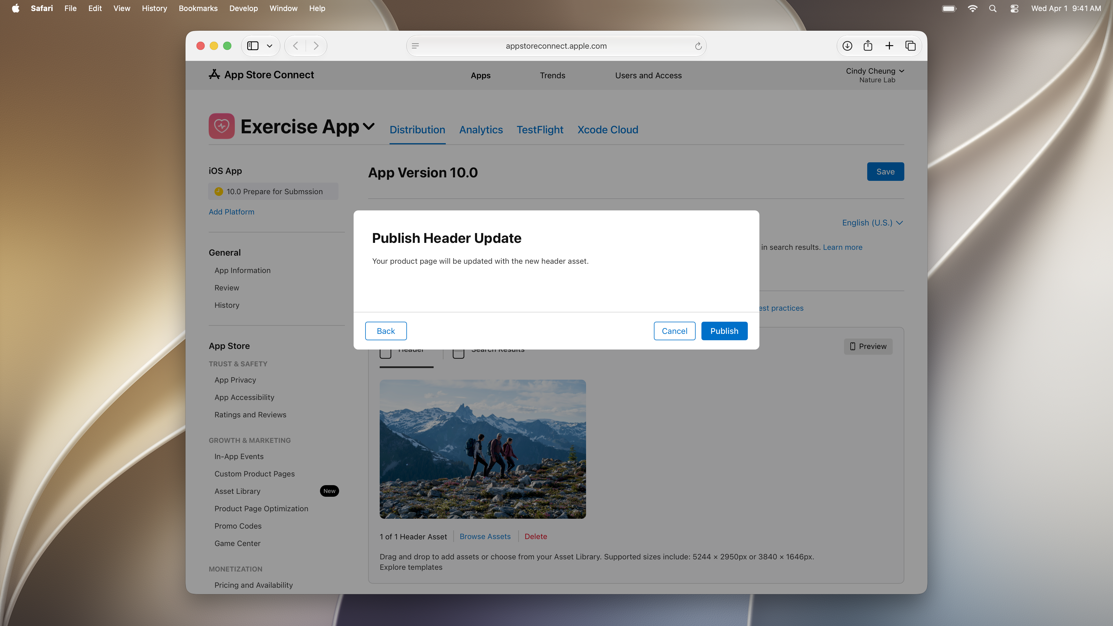 Publish Header Update dialog in App Store Connect with Back, Cancel, and Publish buttons.