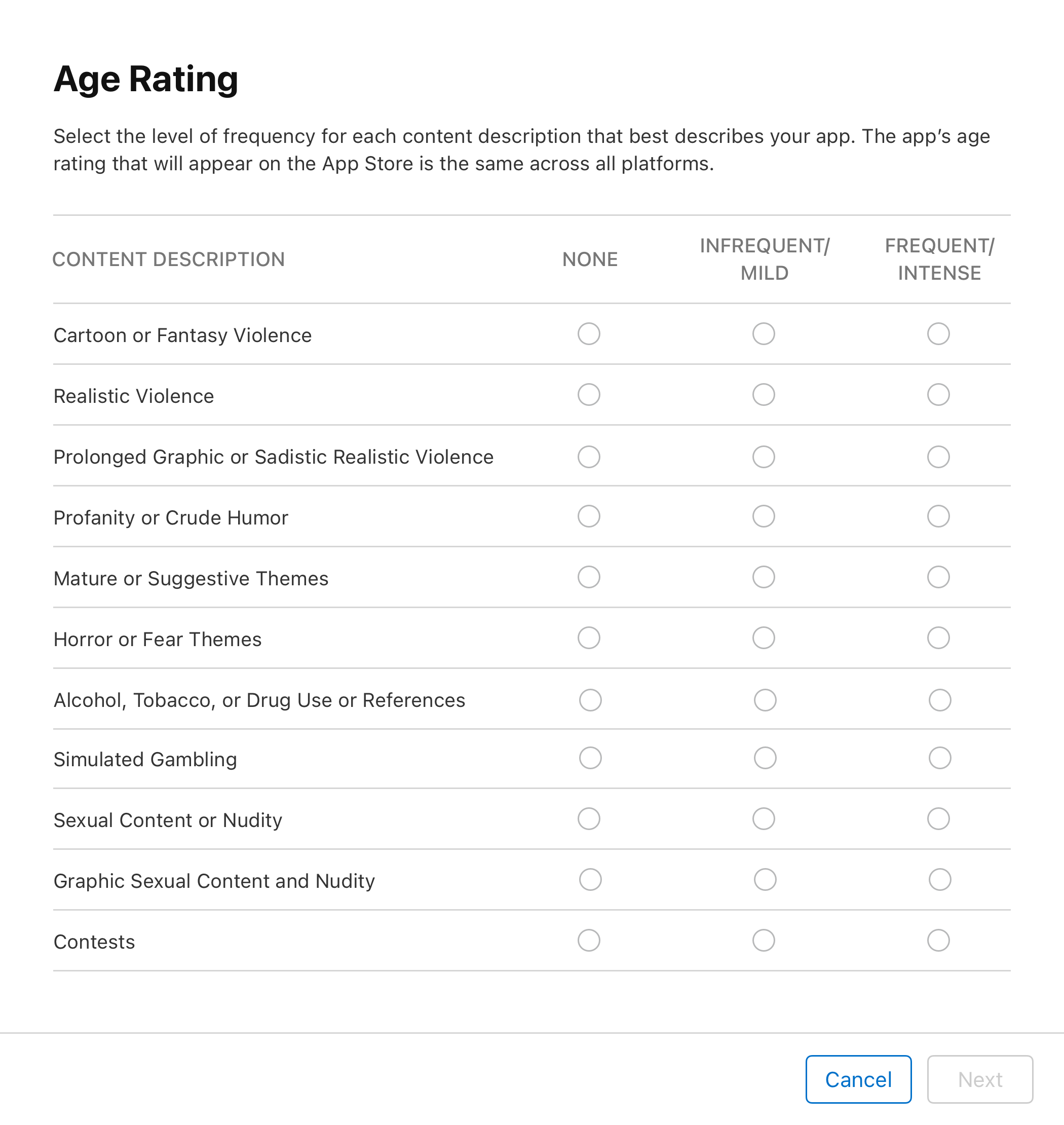 The Age Rating dialogue lists selectable content descriptions and their frequency levels: None, Infrequent/Mild, and Frequent/Intense. The "Cancel" and "Next" buttons are located at the bottom-right.