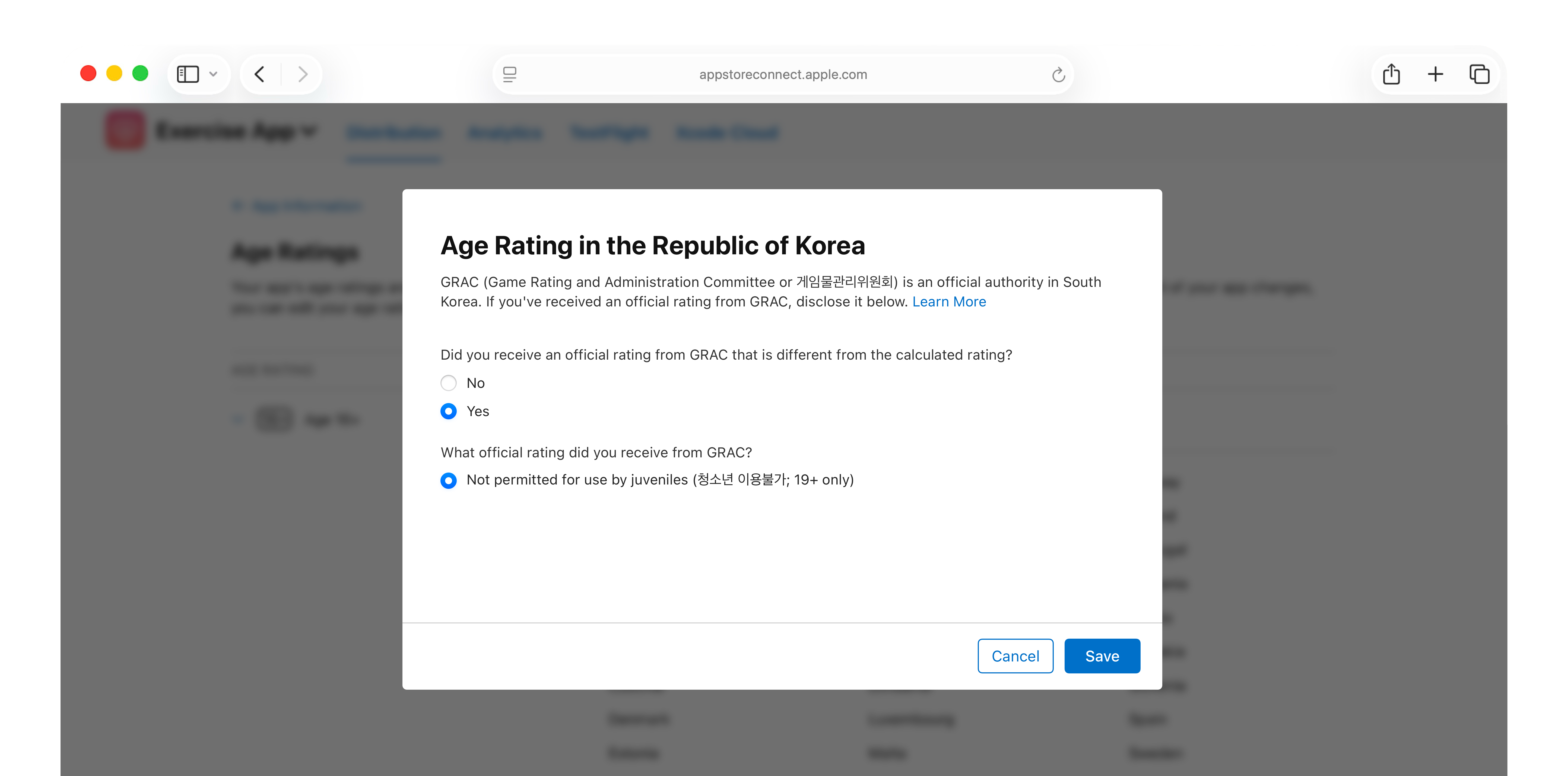 A screenshot of the 'Age Rating in the Republic of Korea' dialog box. It asks 'Did you receive an official rating from GRAC that is different from the calculated rating?', with 'No' and 'Yes' radio buttons, where 'Yes' is selected. Below this, it asks 'What official rating did you receive from GRAC?', with the option 'Not permitted for use by juveniles (청소년 이용불가; 19+ only)' selected. The 'Cancel' and 'Save' buttons are at the bottom right of the dialog.