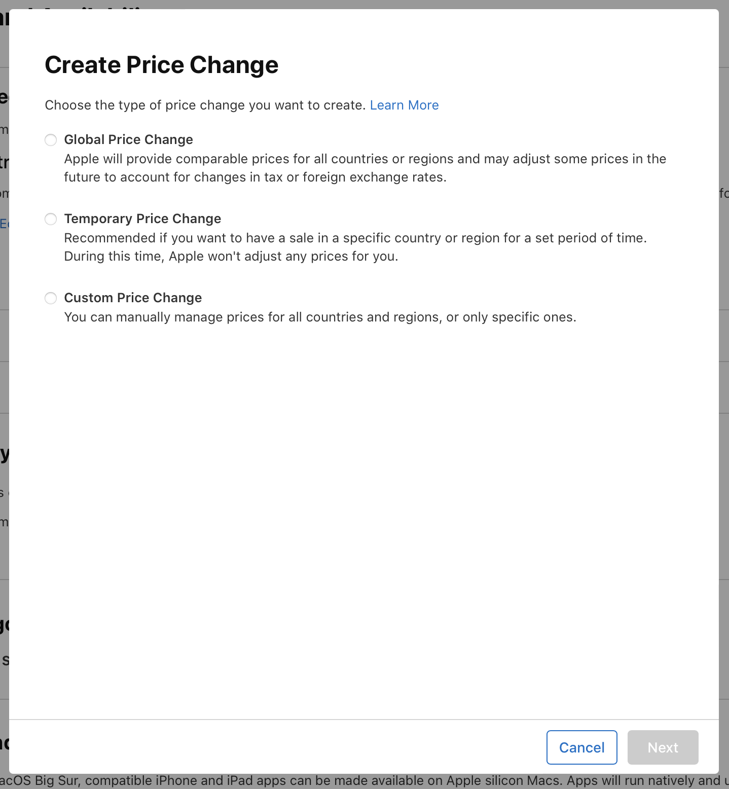 Screenshot of the Create Price Change dialog, where there are three options: Global Price Change, Temporary Price Change, and Custom Price Change. At the bottom of the dialog, the Cancel and Next buttons are on the right.