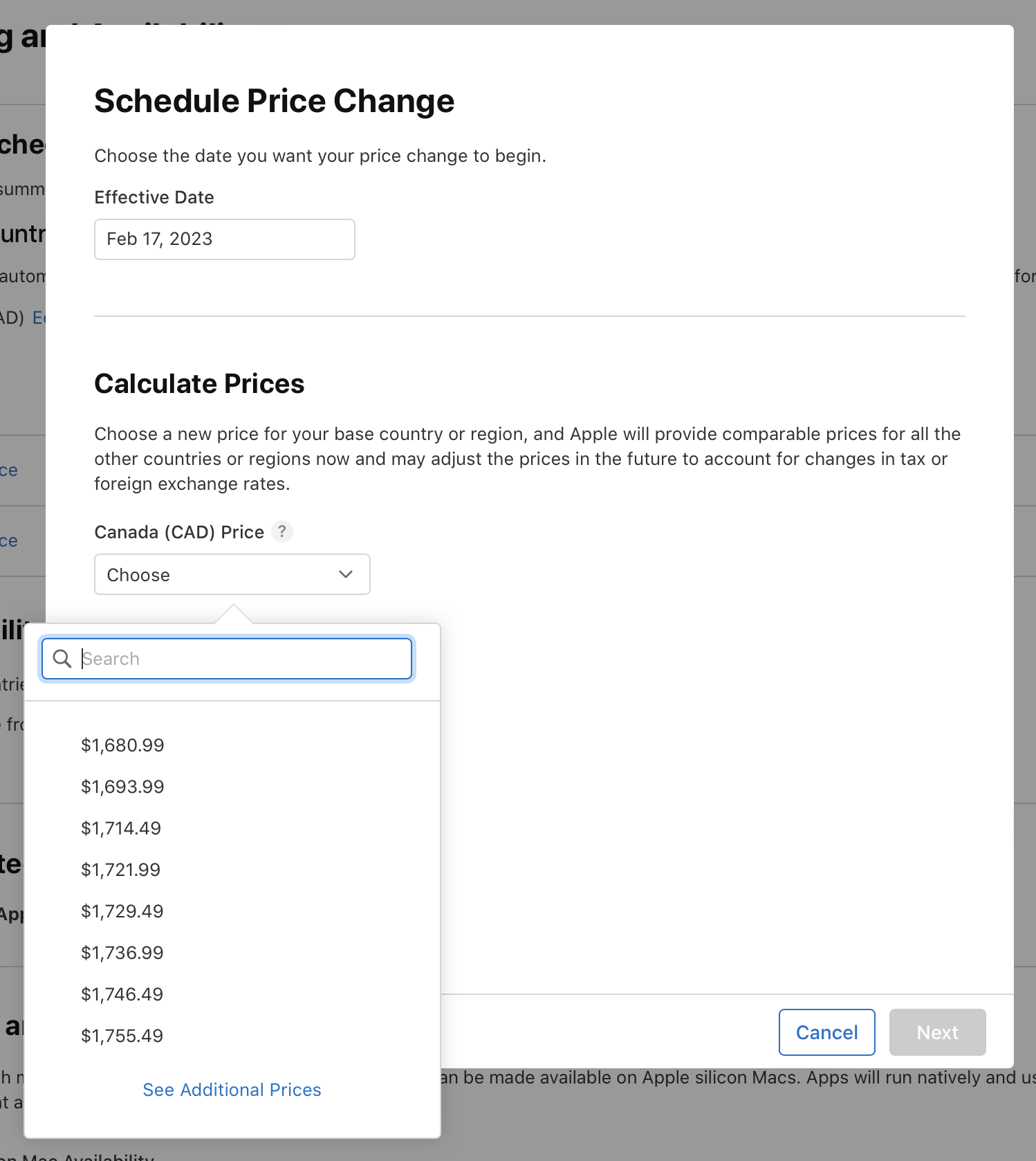 Screenshot of the Schedule Price Change dialog, where there is a field for the Effective Date section and a pull-down menu for the Price section. The pull down menu, under the Price section is open, listing a few price points. At the bottom of the dialog, the Cancel and Next buttons are on the right.