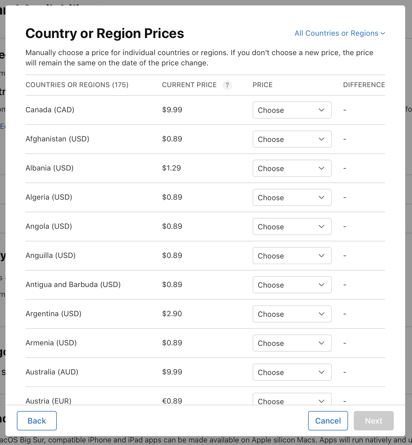 In the “Country or Region Prices” dialog, there is a table that lists countries or regions, their current price with editable price pull-down menu next to it, and difference between the current and new price. At the bottom of the dialog, the “Back” button is on the left, and the “Cancel” and “Next” buttons are on the right.