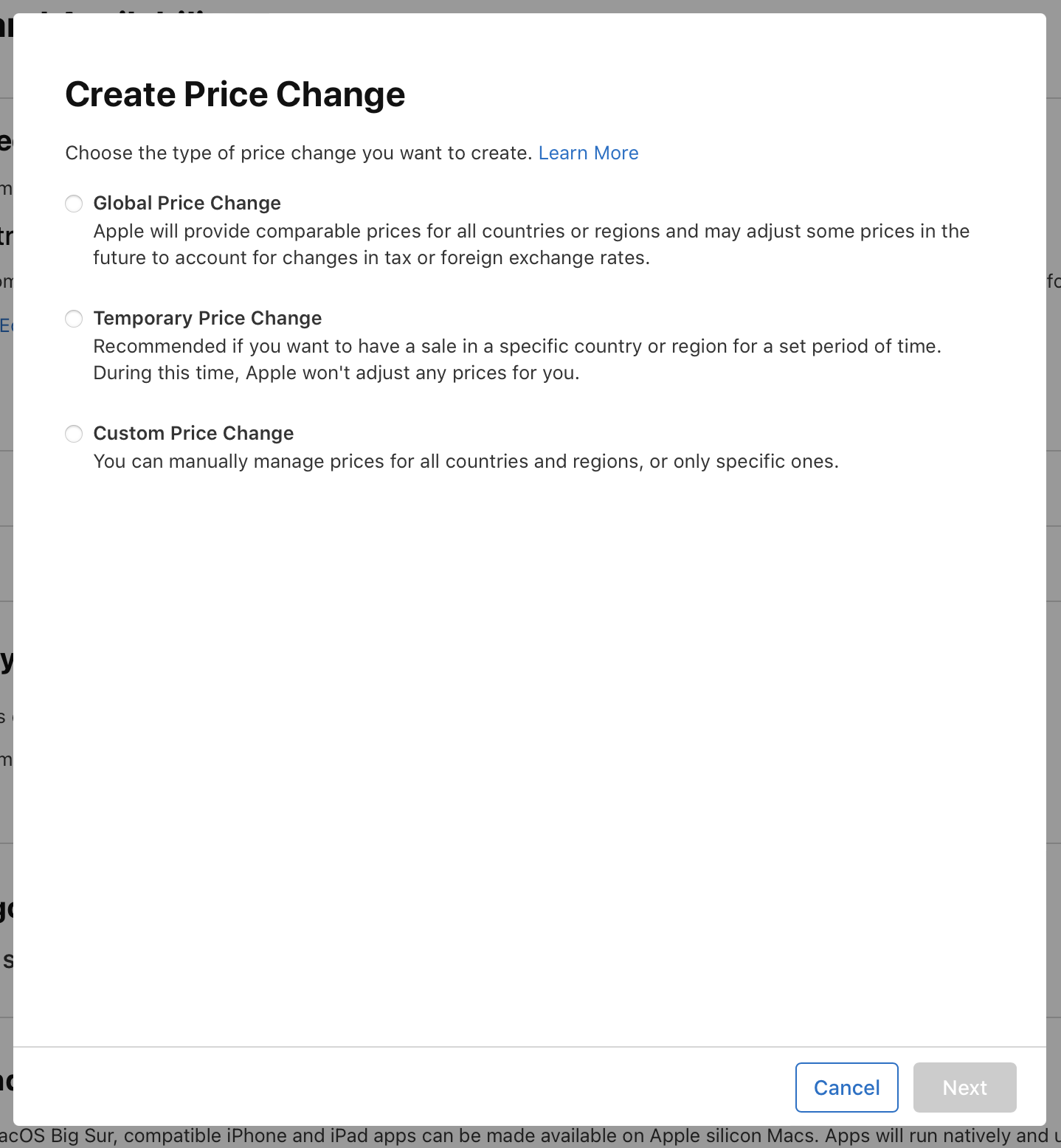 In the “Create Price Change” dialog, there are three options: “Global Price Change,” “Temporary Price Change,” and “Custom Price Change.” At the bottom of the dialog, the “Cancel” and “Next” buttons are on the right.